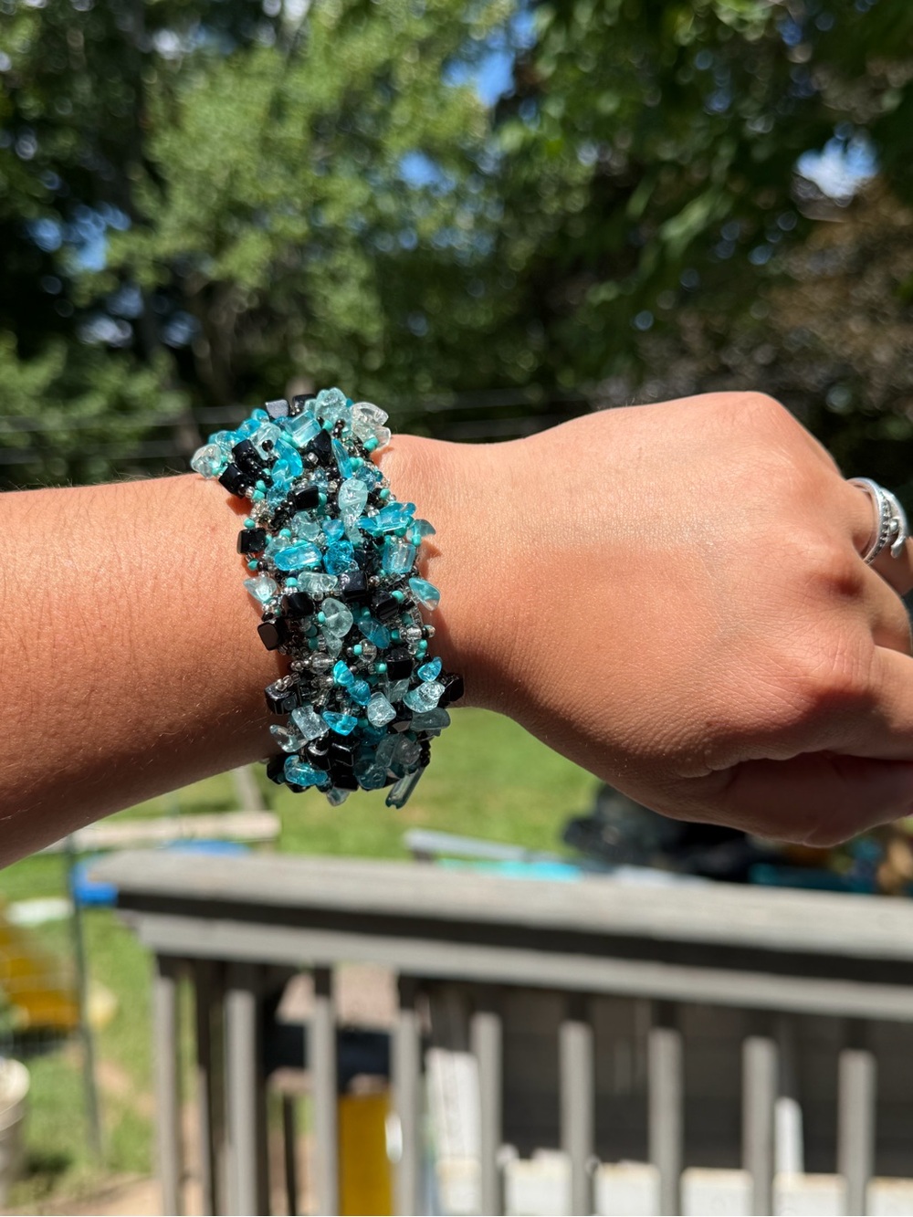 Handmade Blue & Black Sea Bead Chip Stone Cluster Bracelet Sizes 6, 6.5, 7.5